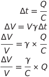 \Delta t=\frac{Q}{C}\\\Delta V=V\gamma \Delta t\\\frac{\Delta V}{V}=\gamma\times \frac{Q}{C}\\\frac{\Delta V}{V}= \frac{\gamma}{C}\times Q